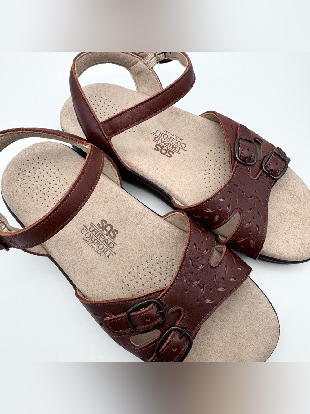 SAS Duo Brown Leather Triple Strap Slingback Sandals Women 5.5 WW Wide EUC - Picture 7 of 10
